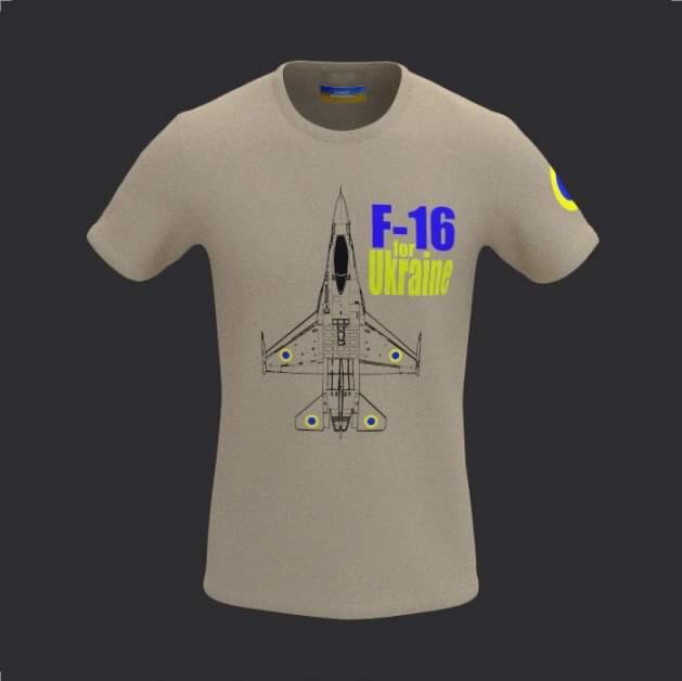 Olive F-16 Ukraine T-shirt featuring an aircraft illustration